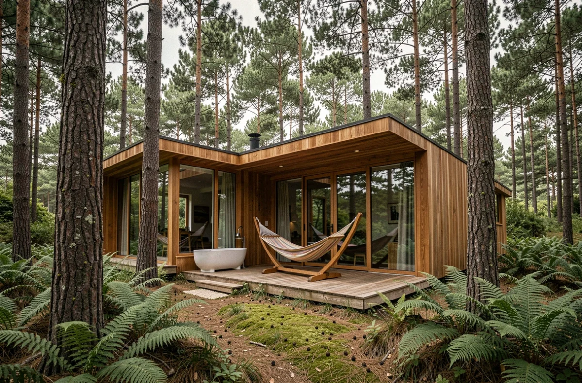 Lodge contemporain en bois et verre immergé dans la forêt de pins du Cap Ferret, avec terrasse privée, hamac et baignoire extérieure