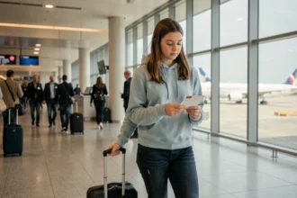 Adolescente de 16 ans voyageant seule dans un aéroport avec une valise cabine, tenant une carte d'embarquement