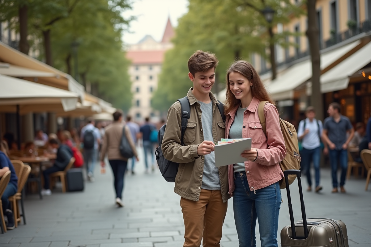 Adolescents avec bagages dans un café urbain en voyage