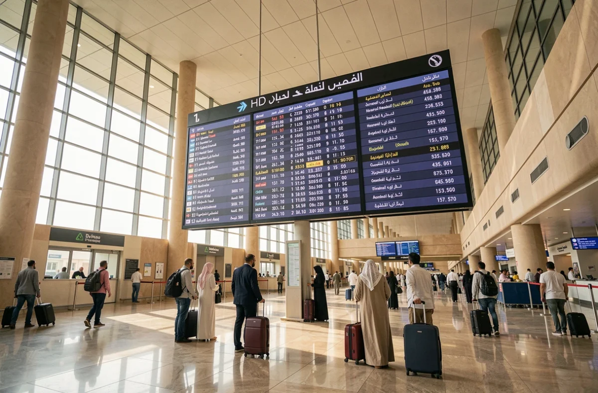 Hall des départs de l'aéroport Mohammed V de Casablanca avec tableau d'affichage des vols en temps réel