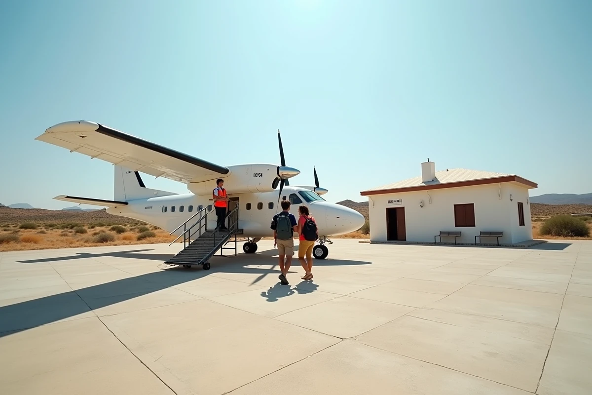 Passagers descendant d'un petit avion à l'aéroport de Kythira après un vol depuis Athènes