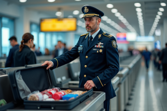 Agent de douane en uniforme inspectant une valise à l'aéroport