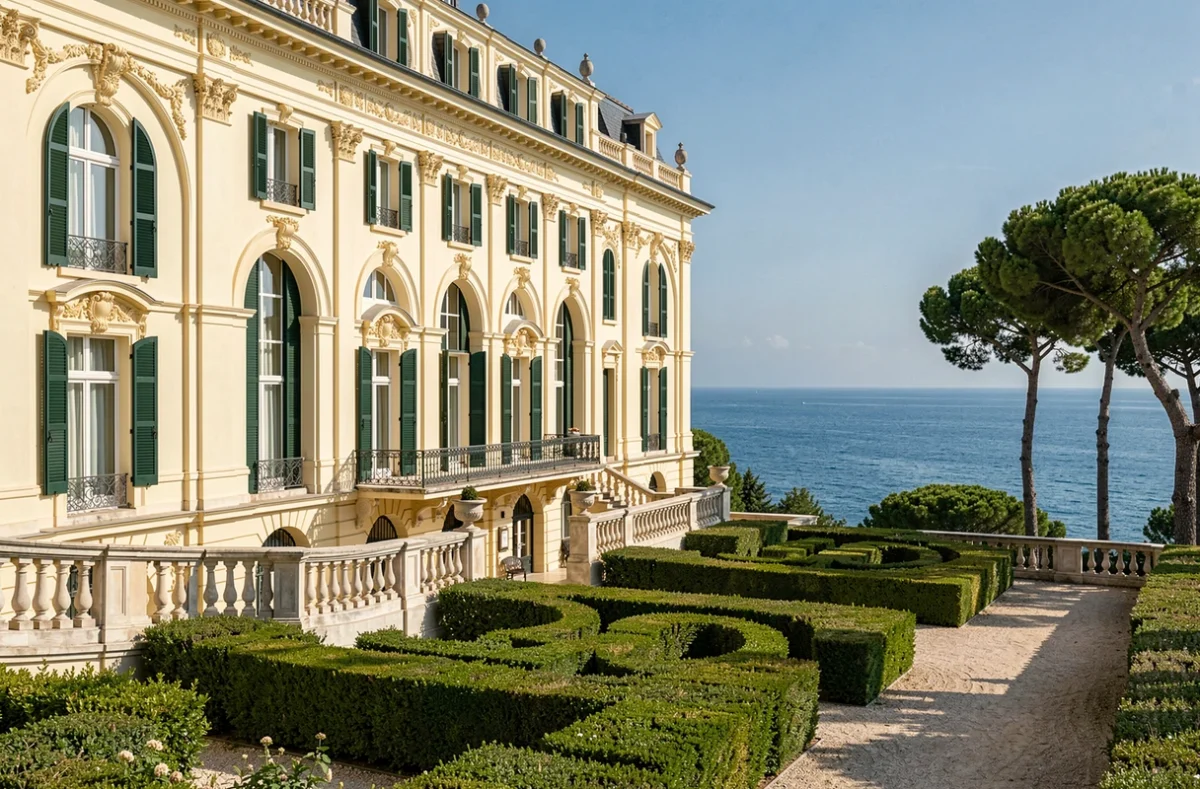 Château de la Messardière aux volets verts et jardins à la française avec vue sur le golfe de Saint-Tropez au loin