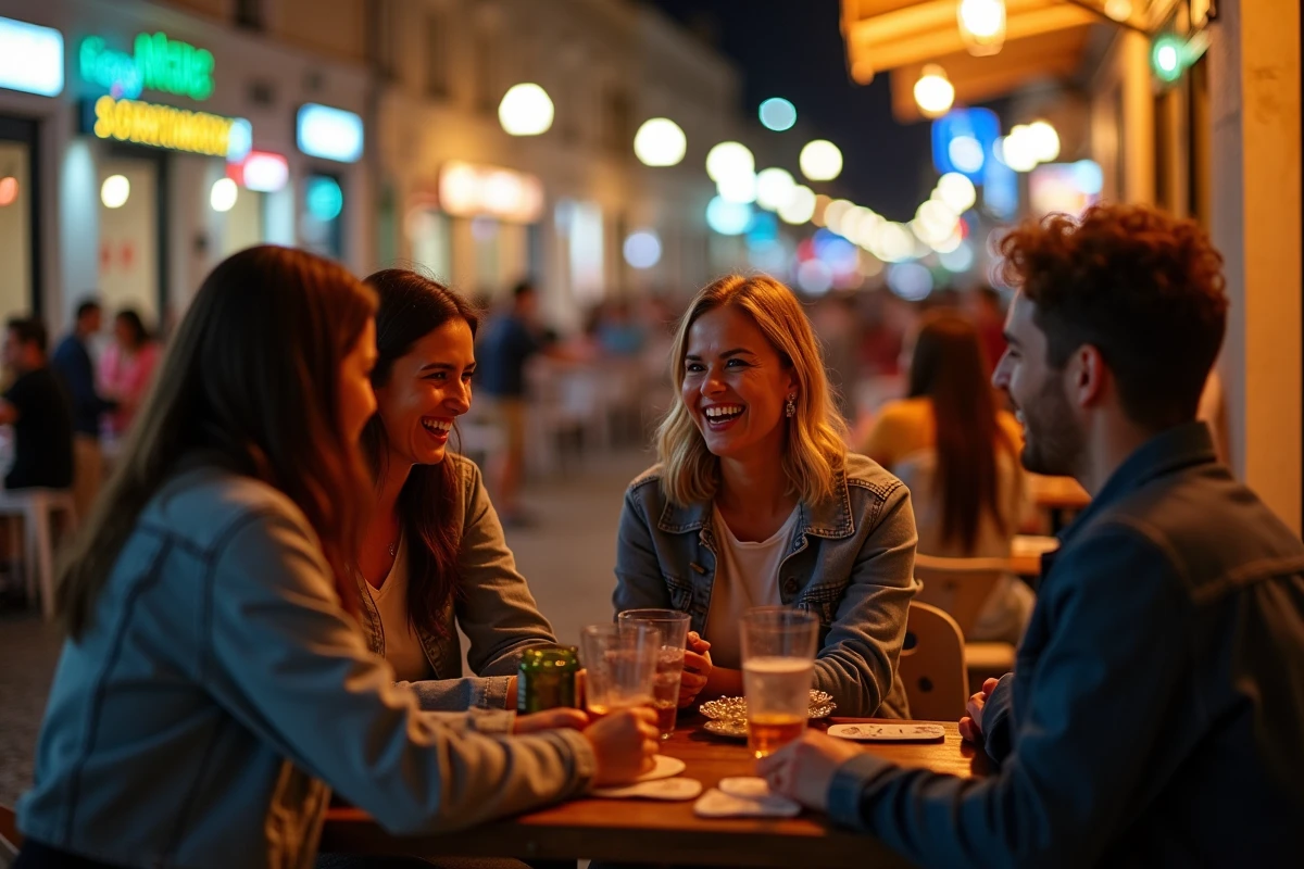 Groupe d'amis riant à Paceville la nuit