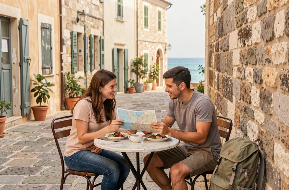 Deux jeunes amis voyageurs consultant une carte dans un village méditerranéen lors d'un voyage économique