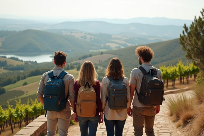 Quatre amis souriants lors d'une vue panoramique en voyage