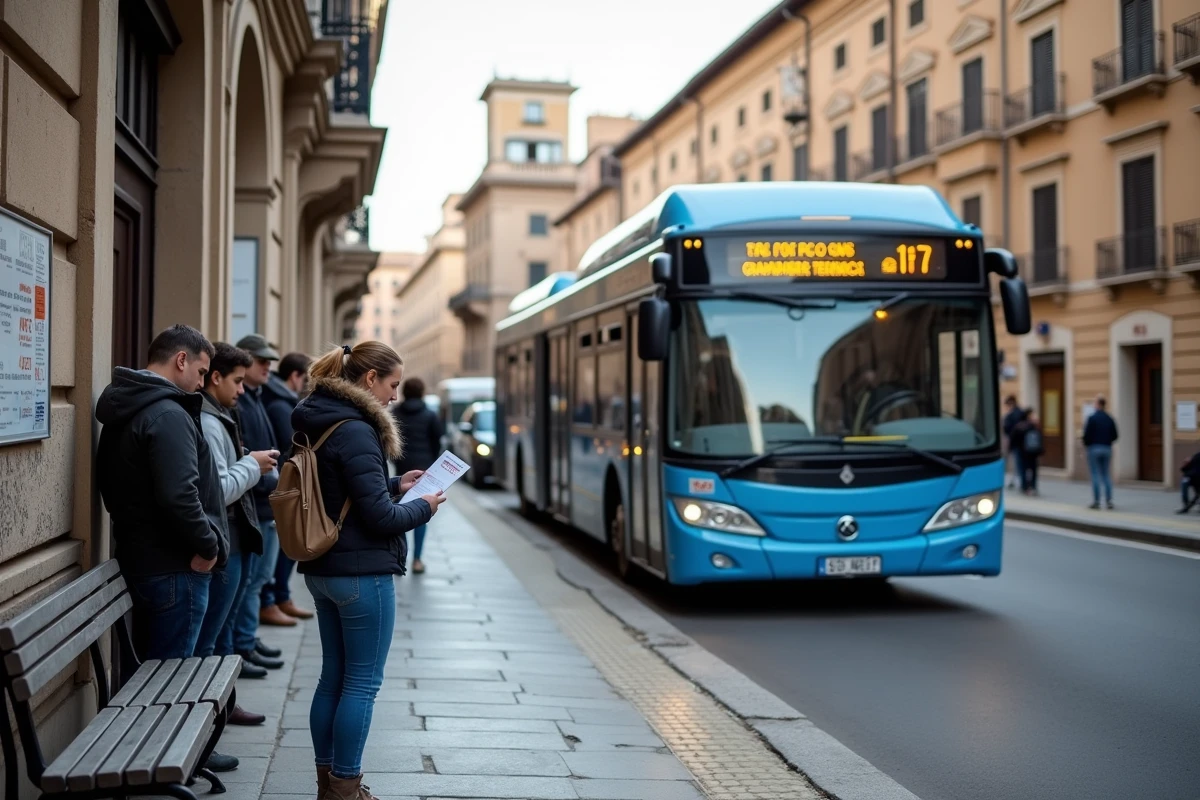 Arrêt de bus TIEMME à Sienne avec des touristes consultant les horaires et leur téléphone