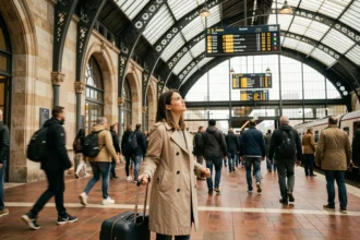 Femme avec valise s'orientant dans le hall principal de la gare Lille Flandres