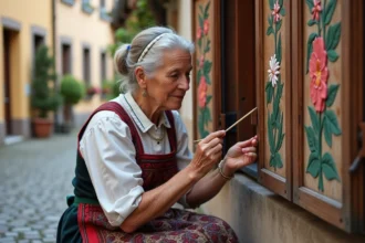 Artisane bavaroise peignant un volet en bois traditionnel