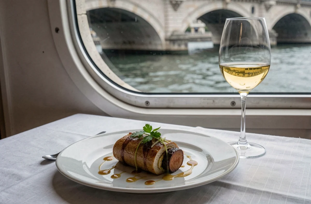 Assiette gastronomique française servie à bord d'une croisière déjeuner sur la Seine avec vue sur un pont parisien