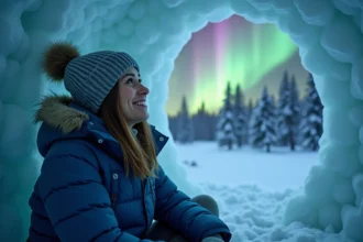 Femme souriante dans un igloo avec aurore boréale