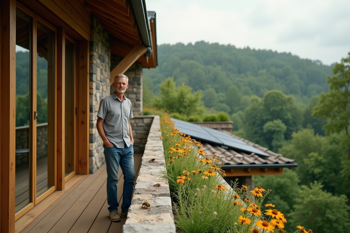 Homme sur le balcon d un ecohotel en pleine nature