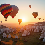 Montgolfières colorées survolant les formations rocheuses de Cappadoce au lever du soleil