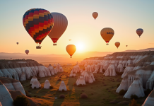 Montgolfières colorées survolant les formations rocheuses de Cappadoce au lever du soleil