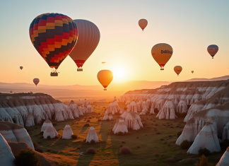 Montgolfières colorées survolant les formations rocheuses de Cappadoce au lever du soleil