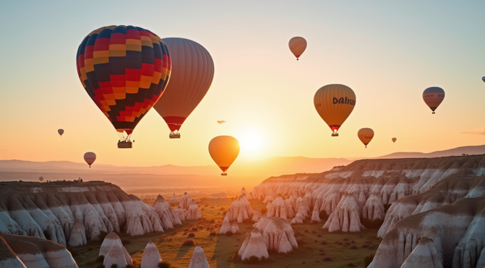 Montgolfières colorées survolant les formations rocheuses de Cappadoce au lever du soleil