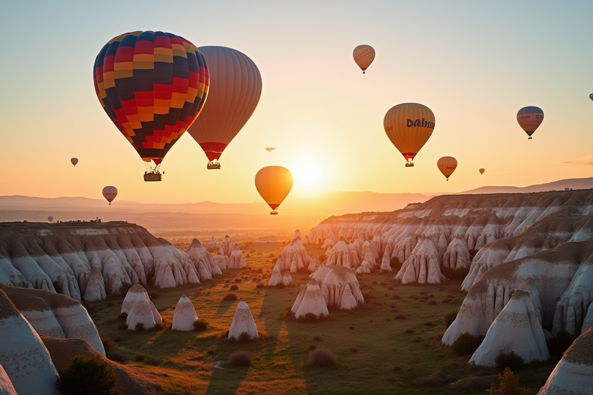 Montgolfières colorées survolant les formations rocheuses de Cappadoce au lever du soleil