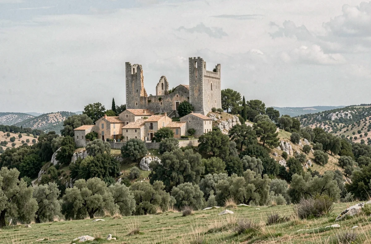 Château en ruines et village médiéval de Bargème, plus haut village du Var, entouré de forêts de chênes