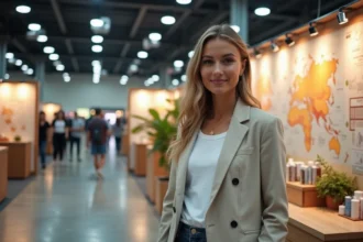 Blogueuse voyage devant son stand au salon des créateurs de contenu, avec cartes et éléments de décoration travel