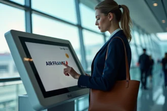 Passagère utilisant une borne d'enregistrement automatique Air France dans un terminal d'aéroport international en 2026