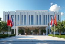Façade d'une embassade moderne avec drapeaux et jardins