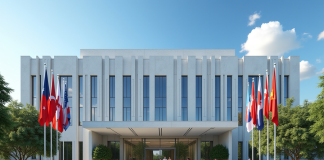 Façade d'une embassade moderne avec drapeaux et jardins