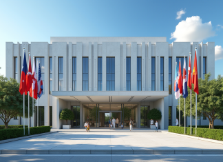 Façade d'une embassade moderne avec drapeaux et jardins
