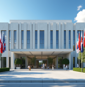 Façade d'une embassade moderne avec drapeaux et jardins