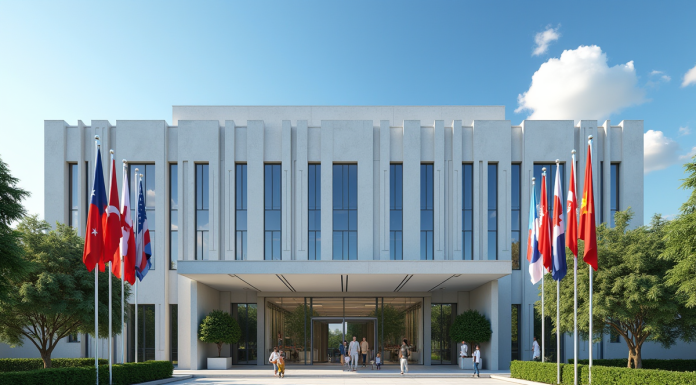 Façade d'une embassade moderne avec drapeaux et jardins