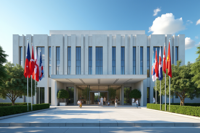 btiment-embassade-exterieur Façade d'une embassade moderne avec drapeaux et jardins