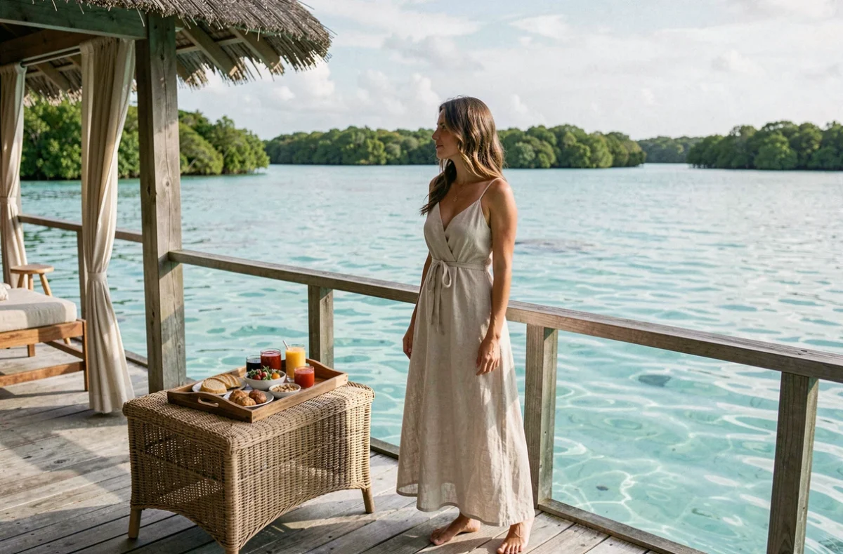 Femme profitant d'un petit-déjeuner sur la terrasse d'un bungalow surplombant le lagon turquoise dans un hôtel 5 étoiles en Guadeloupe