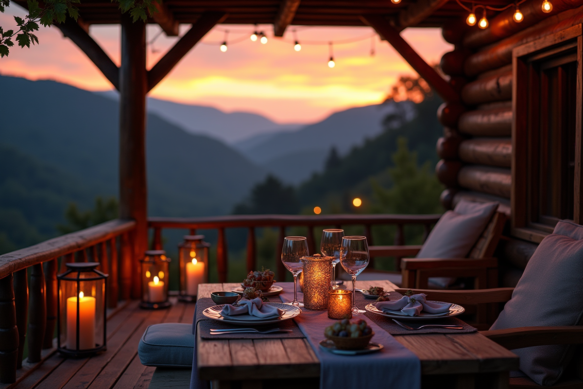 Terrasse en bois avec dîner romantique et vue sur les collines PACA