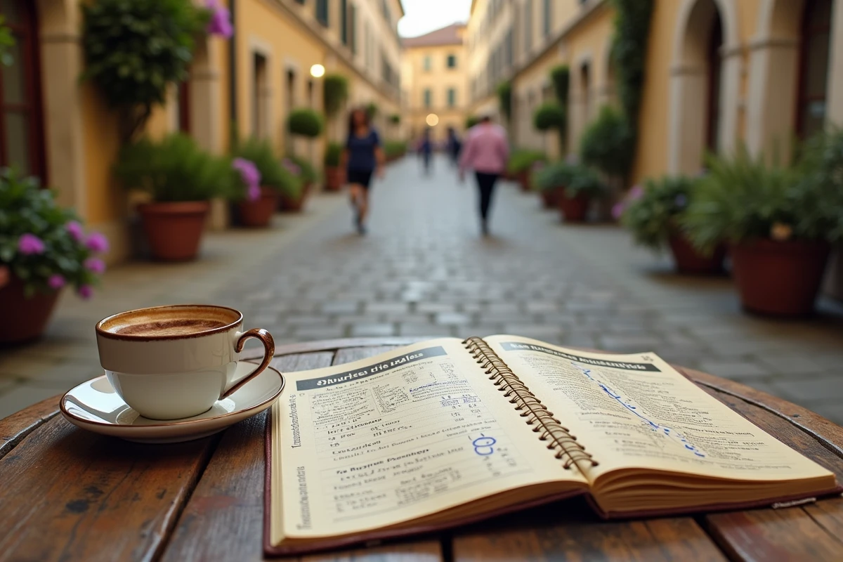 Table de café avec horaires de train et carnet de voyage dans un village provençal, illustrant la planification d'itinéraires malins en train