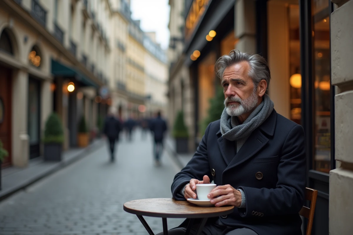 Homme attablé seul en terrasse de café parisien dans le Marais tôt le matin, rue pavée déserte et immeubles haussmanniens en arrière-plan