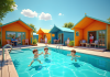 Camping familial moderne avec tentes colorées et piscine
