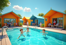 Camping familial moderne avec tentes colorées et piscine