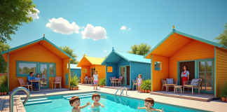 Camping familial moderne avec tentes colorées et piscine