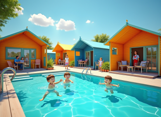 Camping familial moderne avec tentes colorées et piscine