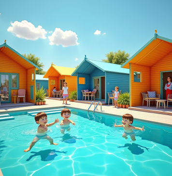Camping familial moderne avec tentes colorées et piscine
