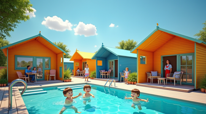 Camping familial moderne avec tentes colorées et piscine