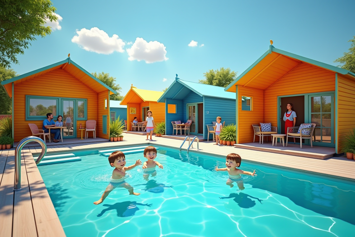Camping familial moderne avec tentes colorées et piscine