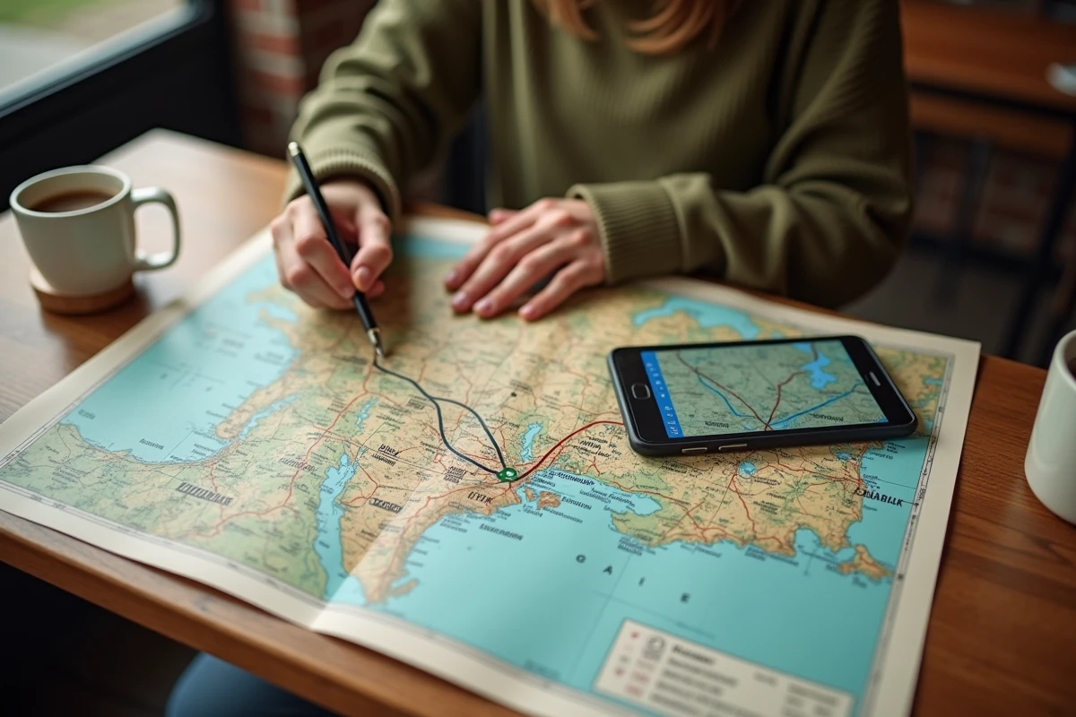 Carte routière ouverte sur une table de café avec un trajet annoté entre Montréal et New York et un smartphone affichant la navigation