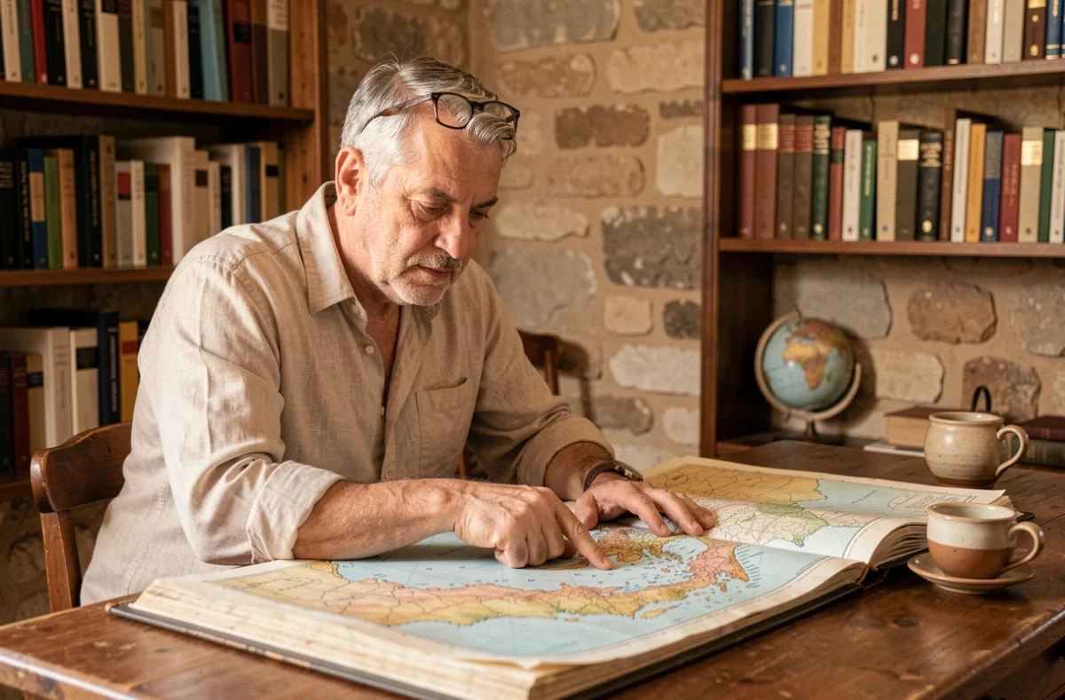 Cartographe grec consultant un atlas vintage avec une carte détaillée de la Crète dans une étude aux murs en pierre