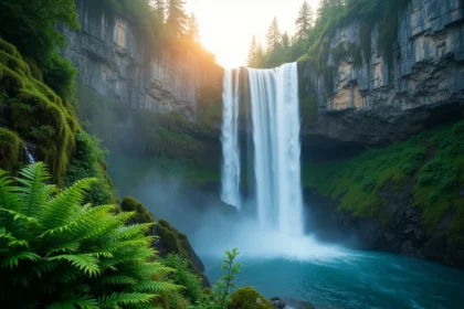 Cascade de la Vis au lever du soleil avec brume matinale dans les gorges calcaires