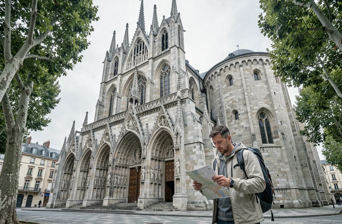 Cathédrale Saint-Bénigne de Dijon vue depuis la rue avec sa façade gothique et un voyageur consultant une carte