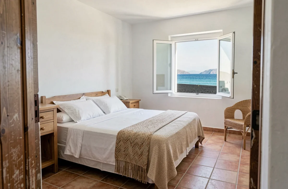 Chambre simple et propre dans un hôtel abordable de Perissa à Santorin avec vue sur la plage de sable noir