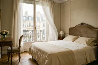 Chambre d'hôtel élégante à Paris avec balcon hausmannien et vue sur les toits, près du musée d'Orsay