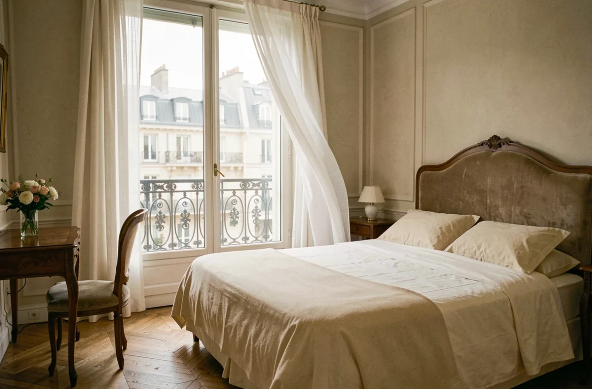 Chambre d'hôtel élégante à Paris avec balcon hausmannien et vue sur les toits, près du musée d'Orsay