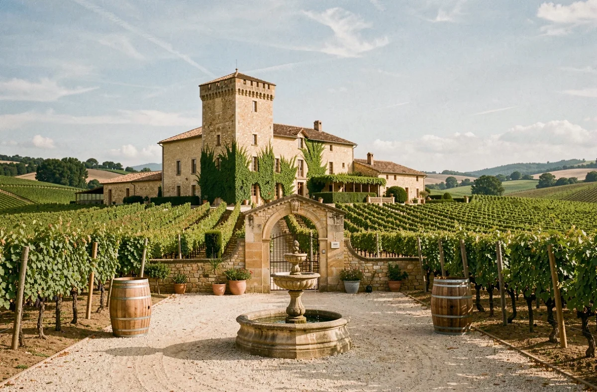 Château de Berne avec sa tour en pierre dorée entourée de rangées de vignes bien taillées dans la campagne varoise