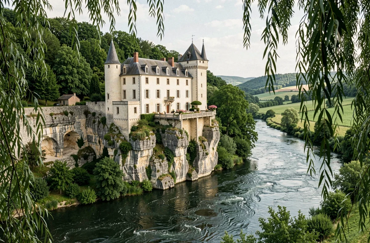 Château de la Treyne perché sur les falaises calcaires dominant la Dordogne à Lacave, entouré de forêts verdoyantes